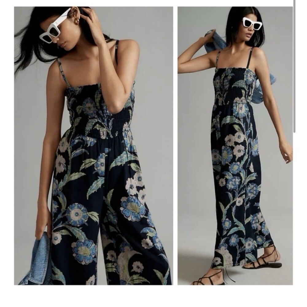 Pilcro Anthropologie Linen Blend Smocked Sleeveless Jumpsuit Printed Floral S